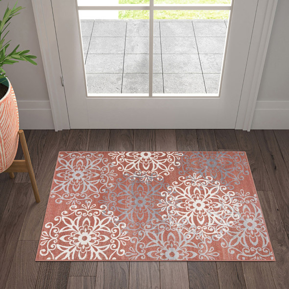 2' X 3' Ginger And Gray Medallion Power Loom Stain Resistant Area Rug