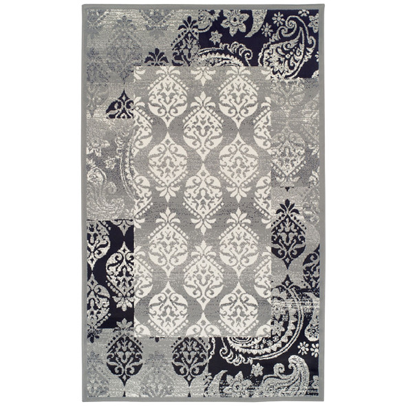 5' X 8' Black And Gray Damask Power Loom Distressed Stain Resistant Area Rug