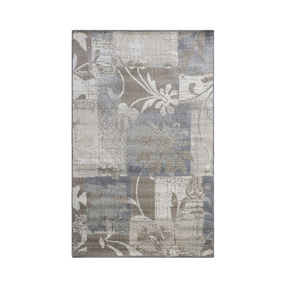5' X 8' Ivory Gray And Olive Floral Power Loom Distressed Stain Resistant Area Rug