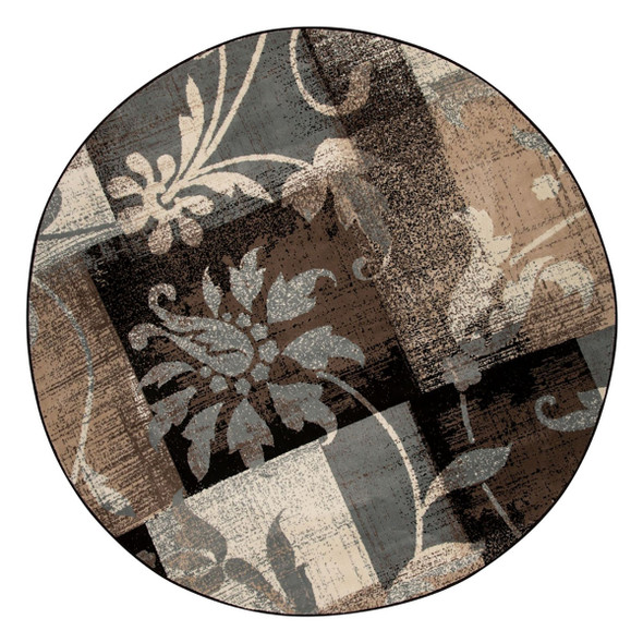 8' Round Beige And Gray Round Floral Power Loom Distressed Stain Resistant Area Rug