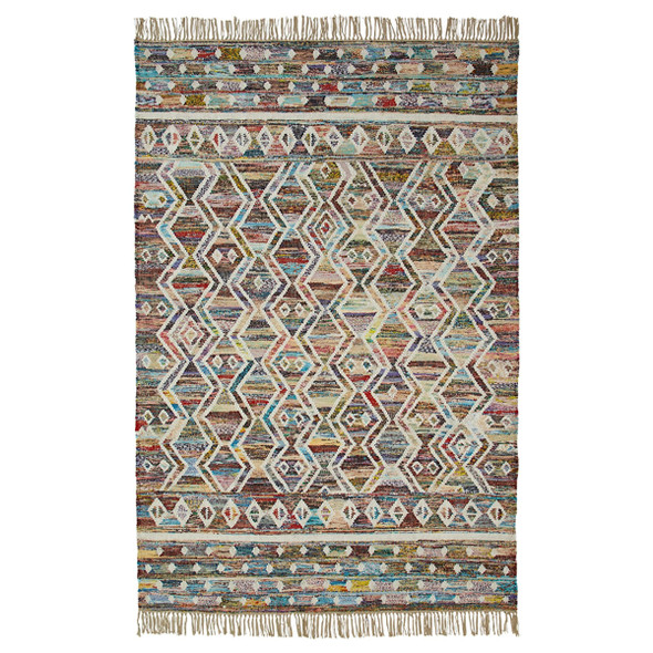 5' X 8' Ivory Blue Pink Gold And Green Geometric Hand Woven Area Rug With Fringe