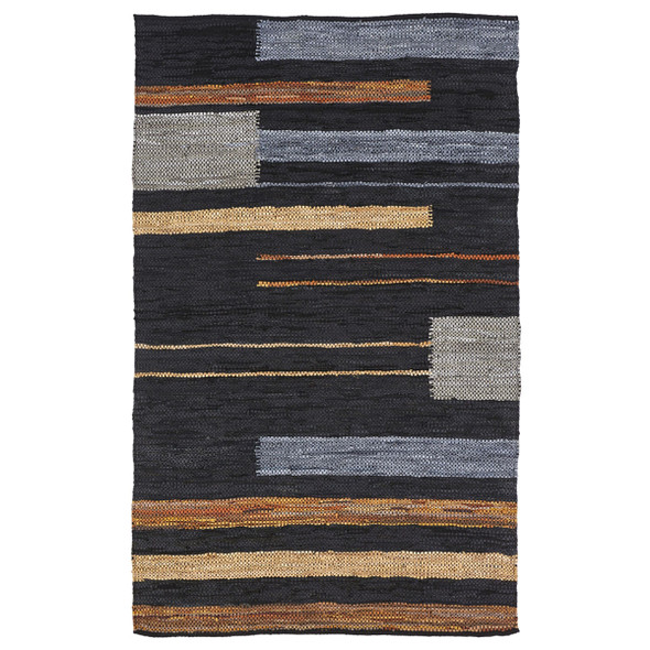 5' X 8' Navy Blue Striped Hand Woven Stain Resistant Area Rug