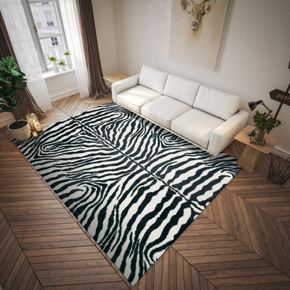 8' X 10' Black and White Zebra Print Shag Handmade Non Skid Area Rug