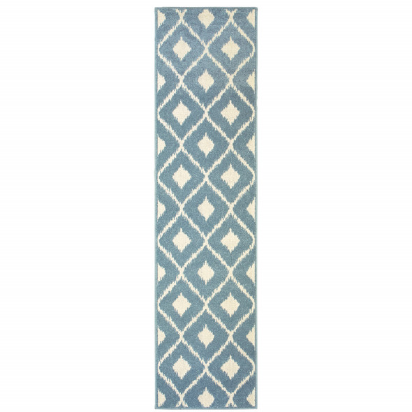 2' X 8' Blue Geometric Stain Resistant Indoor Outdoor Area Rug