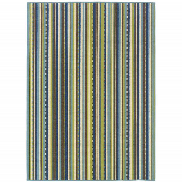 8' X 11' Blue Striped Stain Resistant Indoor Outdoor Area Rug