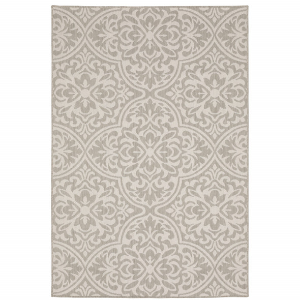 5' X 7' Grey Floral Stain Resistant Indoor Outdoor Area Rug