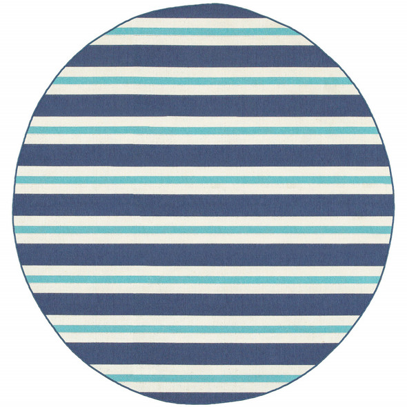 8' Round Blue Round Geometric Stain Resistant Indoor Outdoor Area Rug