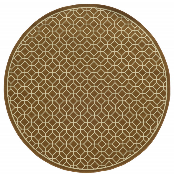 8' Round Brown Round Geometric Stain Resistant Indoor Outdoor Area Rug