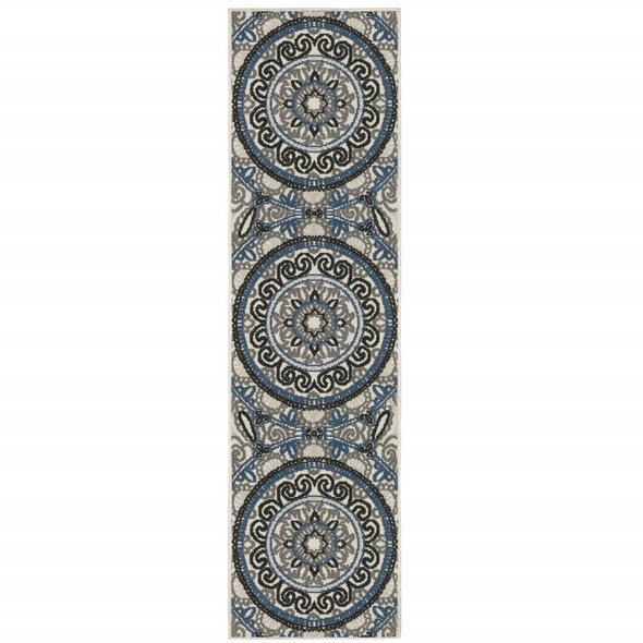 2' X 7' Beige Geometric Stain Resistant Indoor Outdoor Area Rug