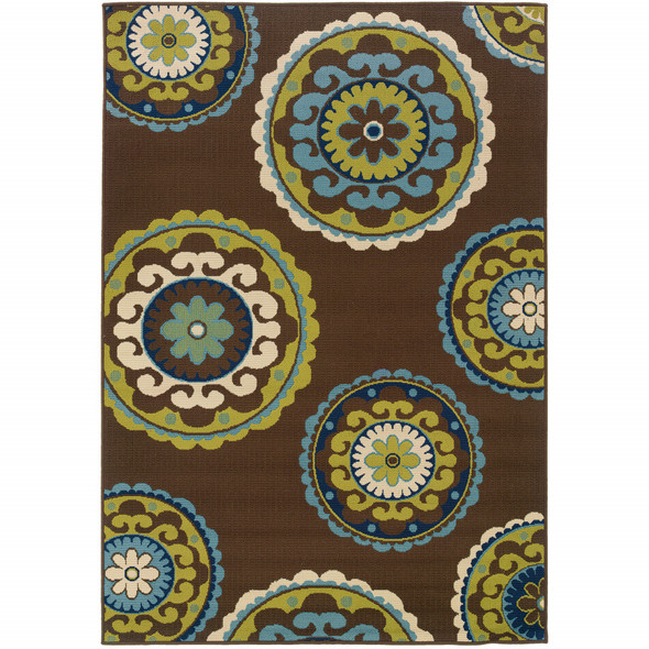 2' X 4' Brown and Green Floral Medallion Indoor Outdoor Area Rug