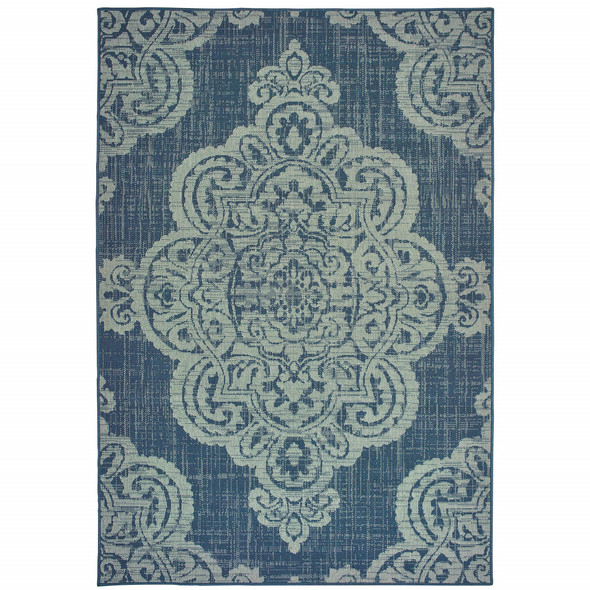 8' X 11' Navy Oriental Stain Resistant Indoor Outdoor Area Rug