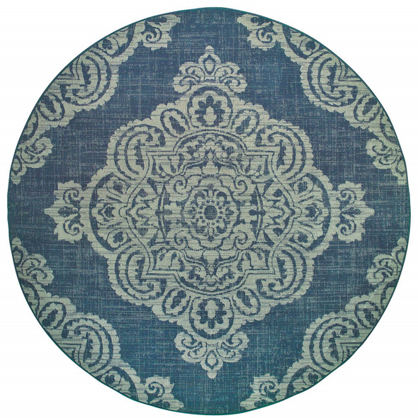 8' Round Navy Round Oriental Stain Resistant Indoor Outdoor Area Rug