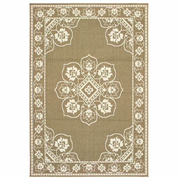 3' X 5' Tan Oriental Stain Resistant Indoor Outdoor Area Rug