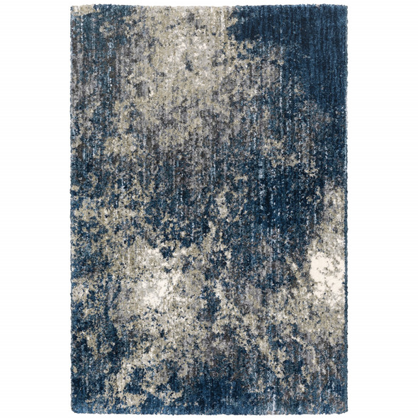 8' X 11' Blue And Grey Abstract Shag Power Loom Stain Resistant Area Rug