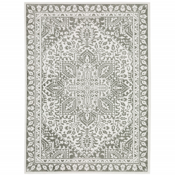 6' X 9' Grey And White Oriental Power Loom Stain Resistant Area Rug