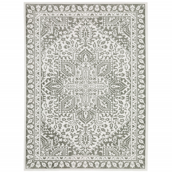 10' X 13' Grey And White Oriental Power Loom Stain Resistant Area Rug