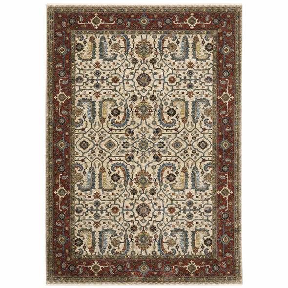 10' X 13' Ivory Red Green Grey Blue And Navy Oriental Power Loom Stain Resistant Area Rug With Fringe