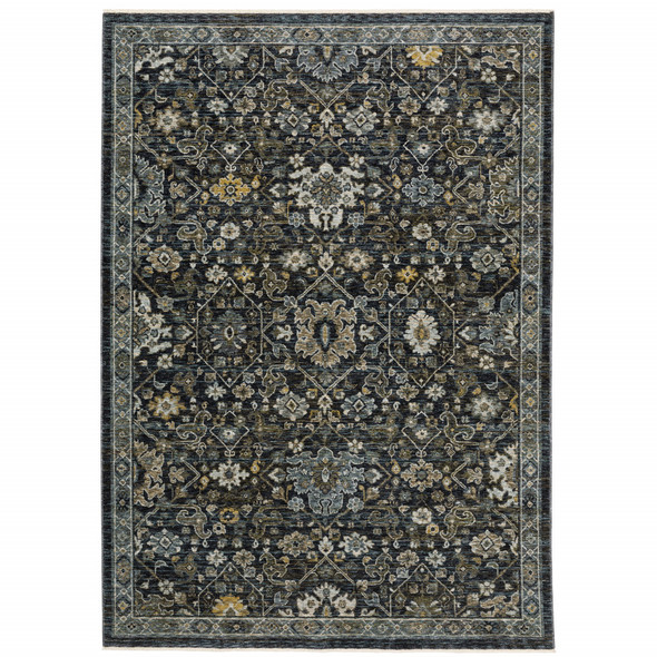 2' X 3' Blue Ivory Grey Gold Green And Brown Oriental Power Loom Stain Resistant Area Rug With Fringe