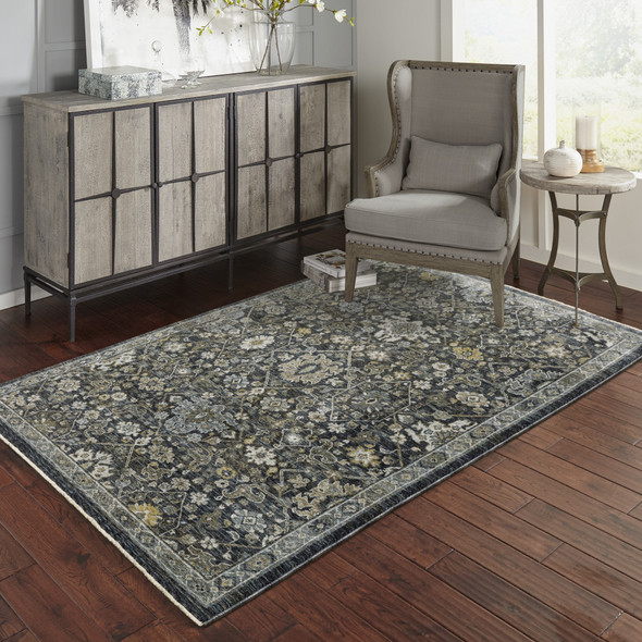 2' X 3' Blue Ivory Grey Gold Green And Brown Oriental Power Loom Stain Resistant Area Rug With Fringe