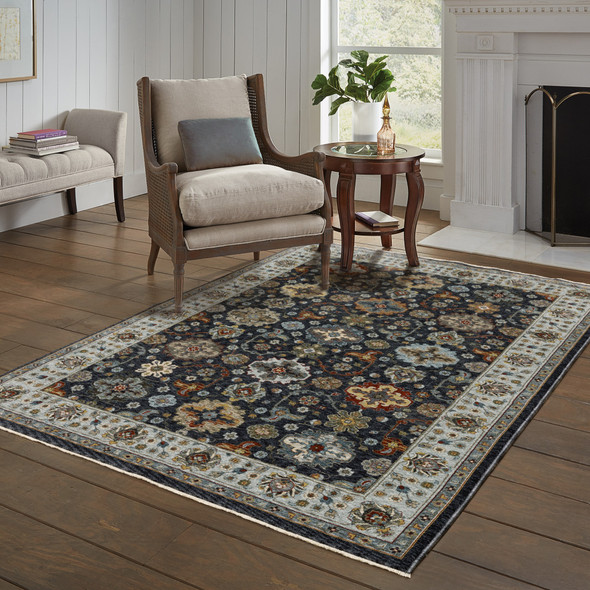 10' X 13' Blue Red Beige Yellow Grey Rust And Gold Oriental Power Loom Stain Resistant Area Rug With Fringe