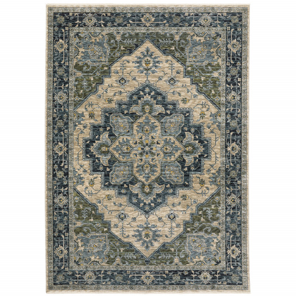 2' X 3' Blue Grey Beige Tan Green And Gold Oriental Power Loom Stain Resistant Area Rug With Fringe