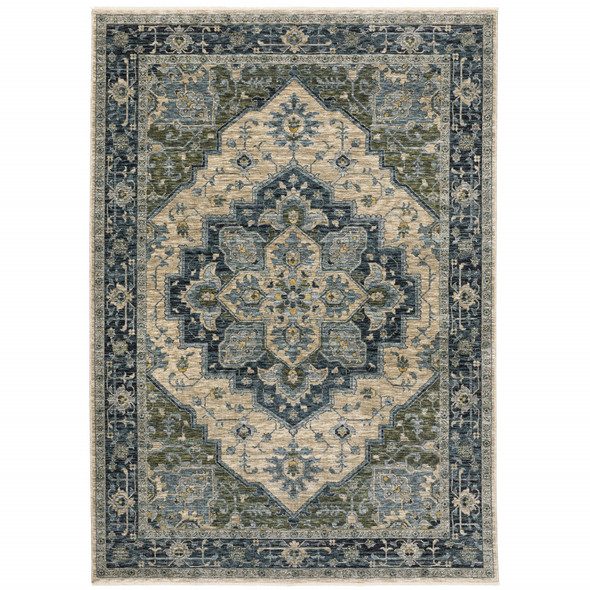 8' X 11' Blue Grey Beige Tan Green And Gold Oriental Power Loom Stain Resistant Area Rug With Fringe