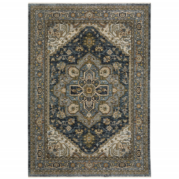 6' X 9' Blue Taupe Grey Green Rust Tan Beige And Gold Oriental Power Loom Stain Resistant Area Rug With Fringe