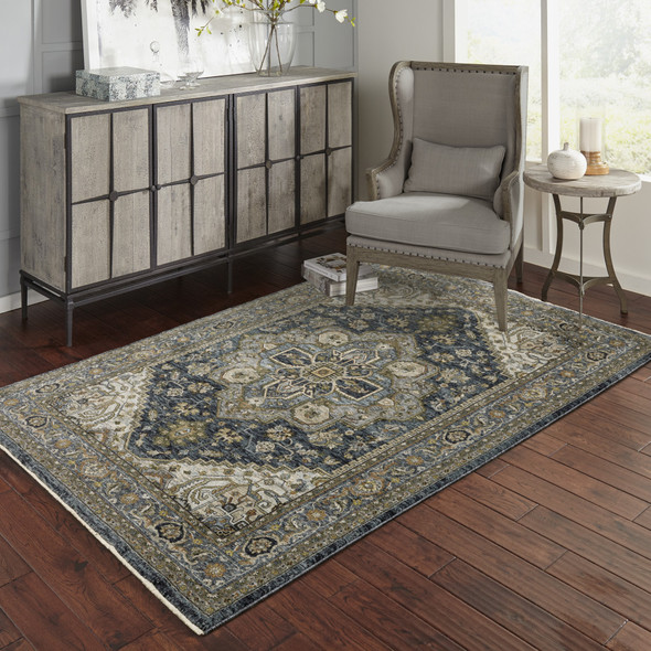 8' X 11' Blue Taupe Grey Green Rust Tan Beige And Gold Oriental Power Loom Stain Resistant Area Rug With Fringe