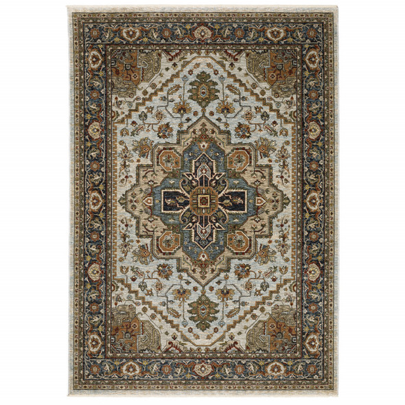 3' X 5' Ivory Beige Blue Orange Gold Green Grey And Rust Oriental Power Loom Stain Resistant Area Rug With Fringe