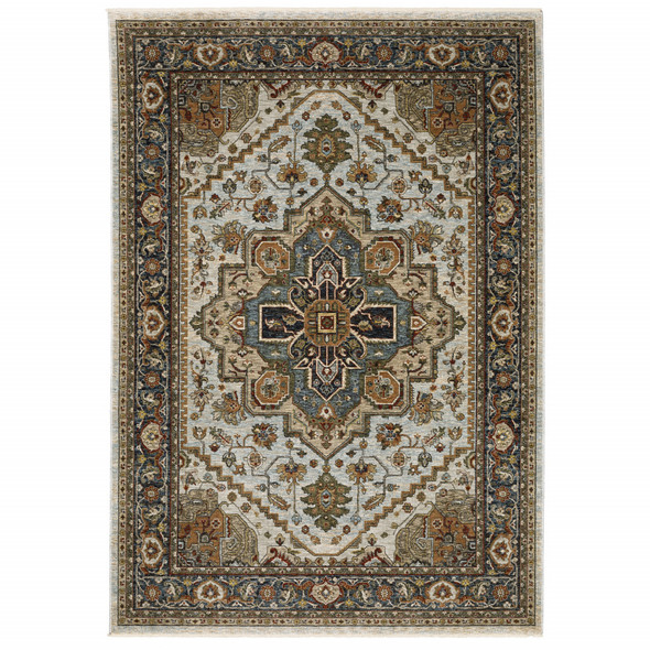 6' X 9' Ivory Beige Blue Orange Gold Green Grey And Rust Oriental Power Loom Stain Resistant Area Rug With Fringe