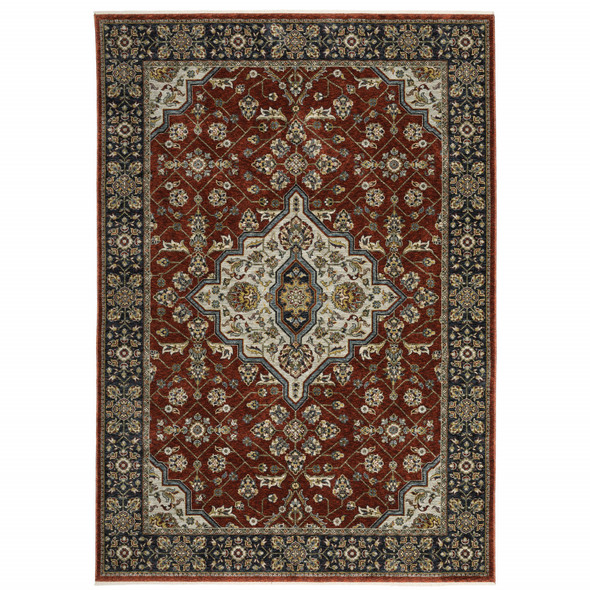 2' X 3' Red Ivory Blue Navy Gold And Grey Oriental Power Loom Stain Resistant Area Rug With Fringe