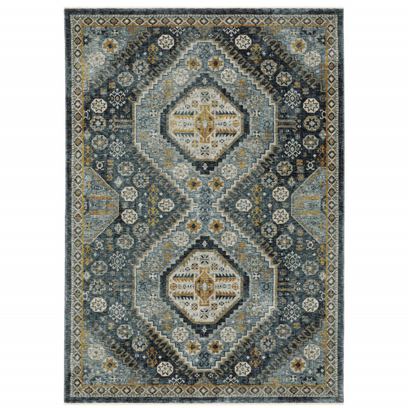 3' X 5' Blue Gold Ivory And Navy Oriental Power Loom Stain Resistant Area Rug With Fringe