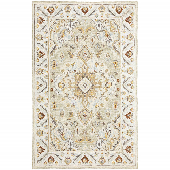 8' X 10' Ivory Beige Gold And Muted Grey Oriental Tufted Handmade Stain Resistant Area Rug