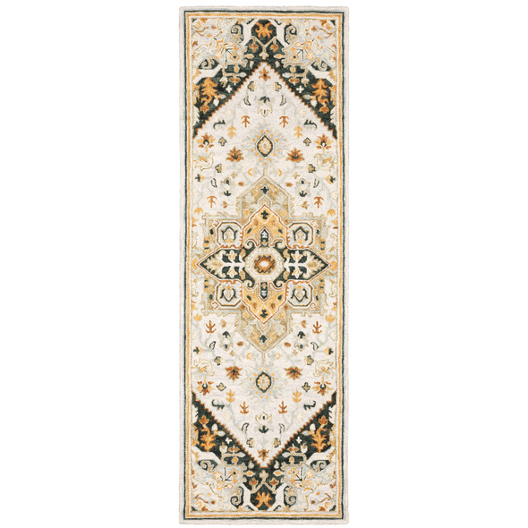 2' X 8' Ivory Charcoal Gold Clay And Muted Blue Oriental Tufted Handmade Stain Resistant Runner Rug
