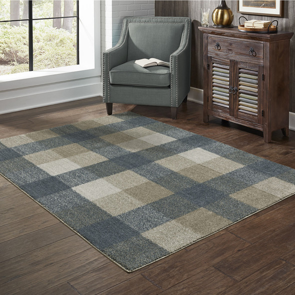 8' X 11' Teal Grey Tan And Beige Geometric Power Loom Stain Resistant Area Rug