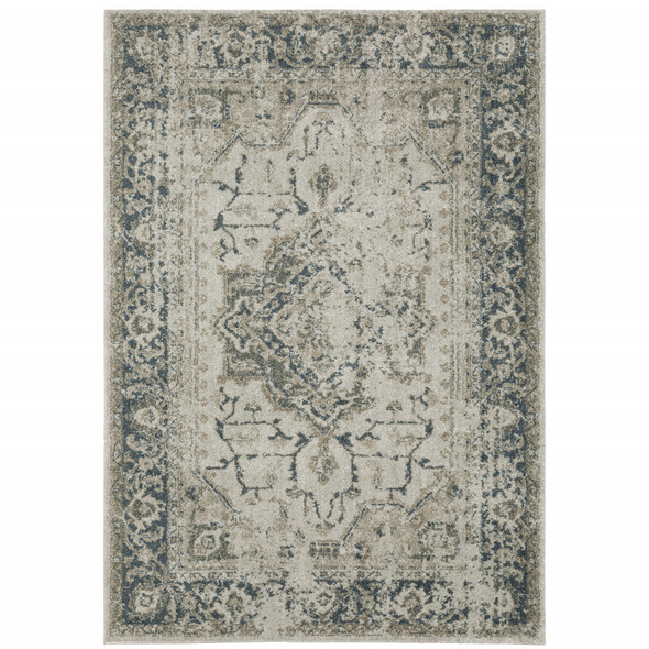 10' X 13' Grey Blue And Teal Oriental Power Loom Stain Resistant Area Rug