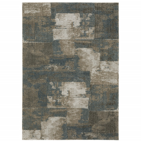 10' X 13' Teal Blue Grey Tan And Beige Geometric Power Loom Stain Resistant Area Rug
