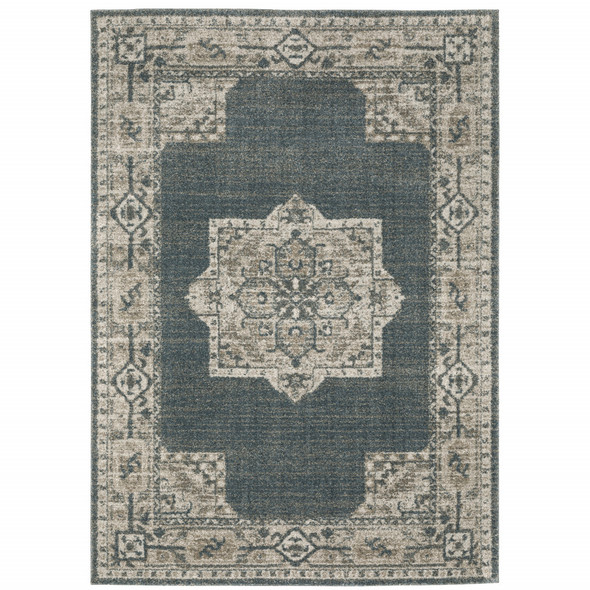 8' X 11' Blue And Beige Oriental Power Loom Stain Resistant Area Rug