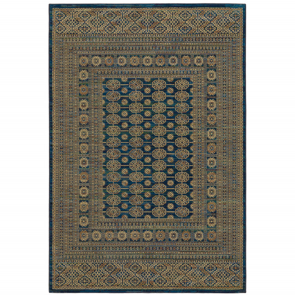 5' X 8' Blue And Gold Oriental Power Loom Stain Resistant Area Rug