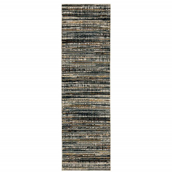 2' X 8' Black Navy Gold Ivory And Blush Abstract Power Loom Stain Resistant Runner Rug