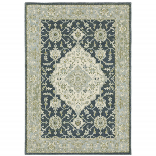 8' X 10' Teal Blue Ivory Green And Grey Oriental Power Loom Stain Resistant Area Rug