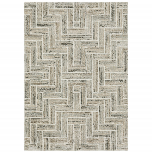 8' X 11' Ivory Beige Grey Brown Pale Blue And Charcoal Geometric Power Loom Stain Resistant Area Rug