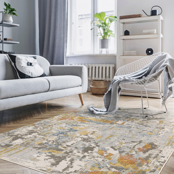 8' X 11' Grey Blue Beige Gold And Rust Abstract Power Loom Stain Resistant Area Rug