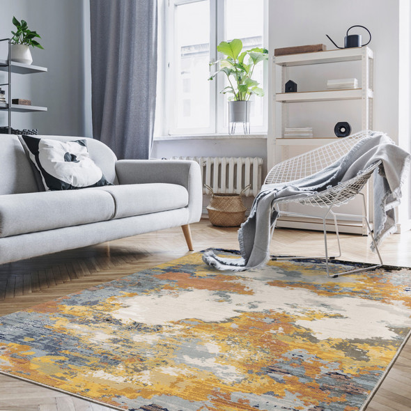 5' X 8' Yellow Gold Blue Grey Brown And Beige Abstract Power Loom Stain Resistant Area Rug