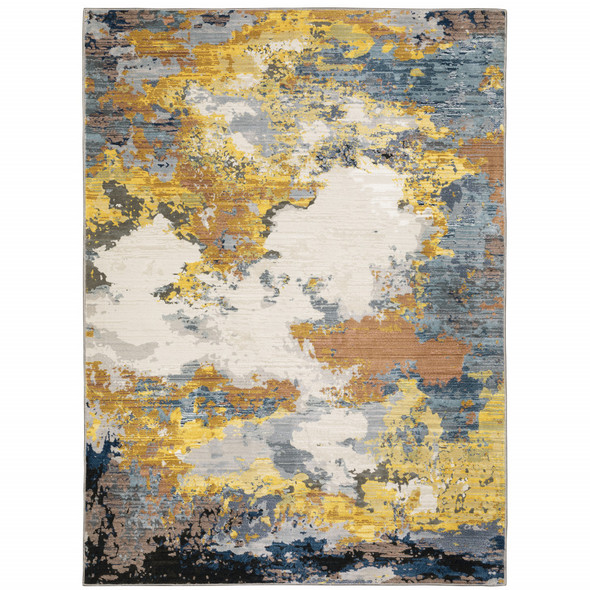 8' X 11' Yellow Gold Blue Grey Brown And Beige Abstract Power Loom Stain Resistant Area Rug