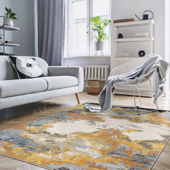 8' X 11' Yellow Gold Blue Grey Brown And Beige Abstract Power Loom Stain Resistant Area Rug