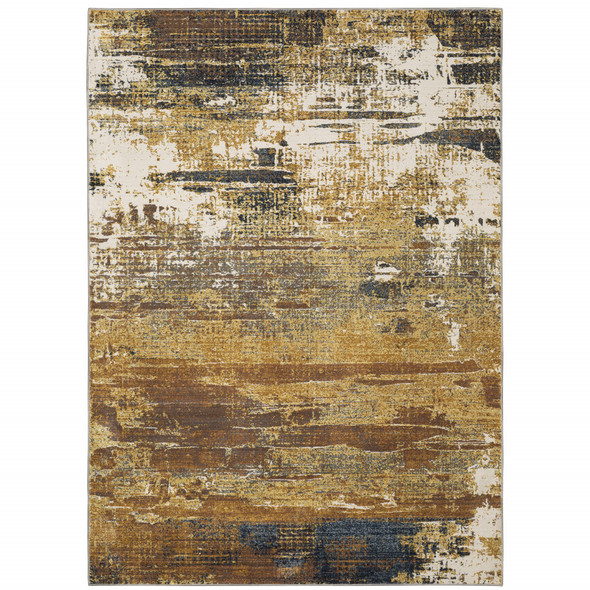 8' X 11' Gold Brown Rust Grey Blue And Beige Abstract Power Loom Stain Resistant Area Rug