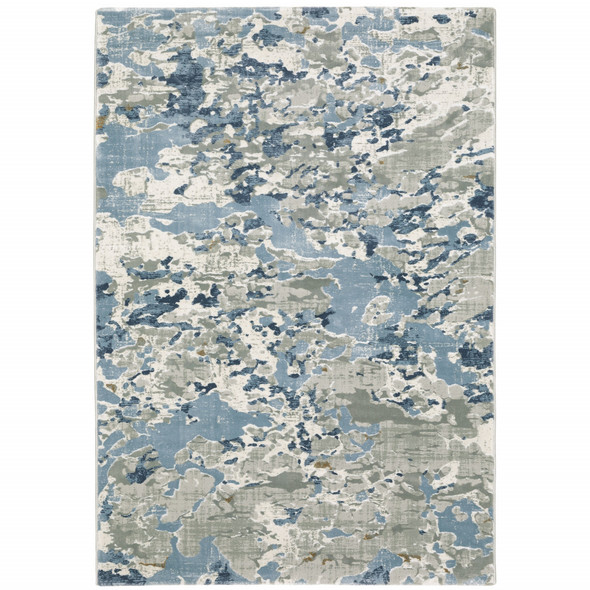 10' X 13' Grey Blue Ivory Navy Beige And Brown Abstract Power Loom Stain Resistant Area Rug
