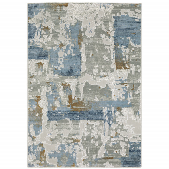 6' X 9' Grey Blue Navy Ivory And Brown Abstract Power Loom Stain Resistant Area Rug
