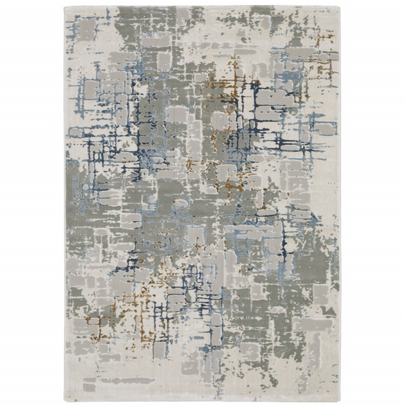 3' X 5' Grey Blue Brown Ivory And Deep Blue Abstract Power Loom Stain Resistant Area Rug